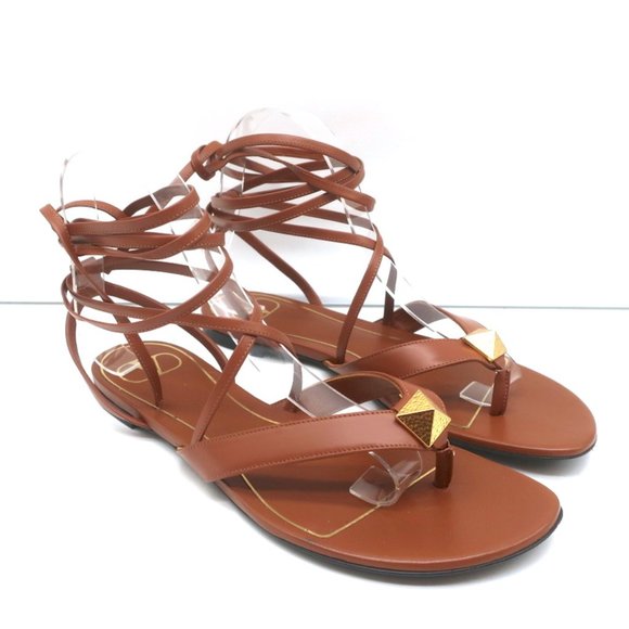 Valentino Shoes - VALENTINO ROMAN STUD ANKLE WRAP FLAT SANDALS BROWN LEATHER SIZE 37